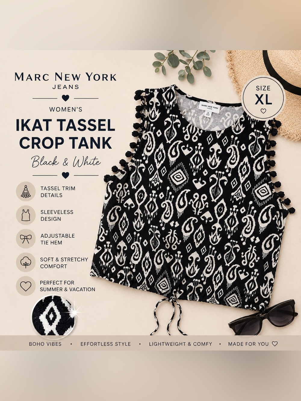 Marc New York Jeans Ikat Tassel Crop Tank Top XL Black White Boho Sleeveless